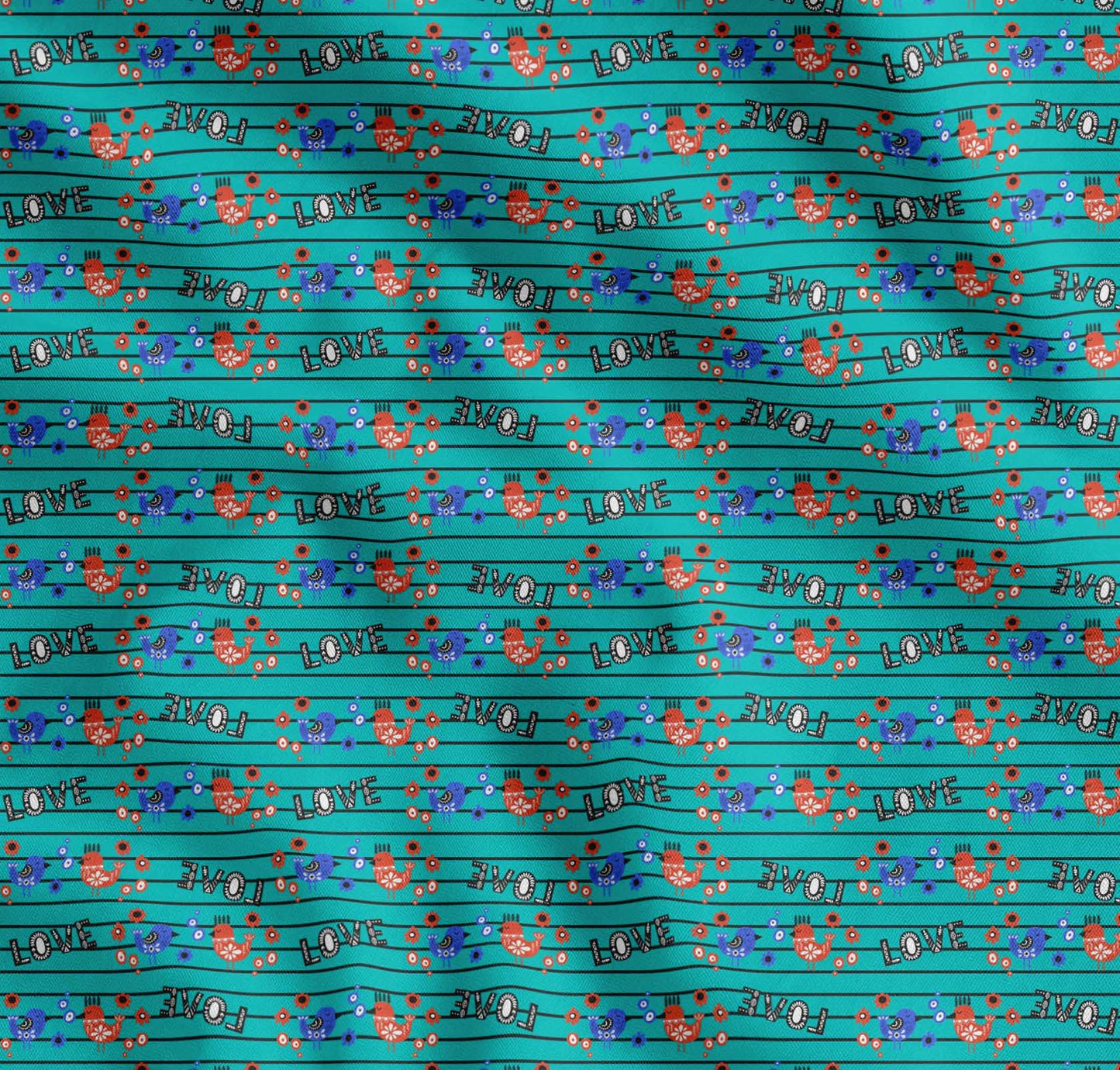 Soimoi Green Cotton Fabric Stripe & Love Text Fabric Prints By yard