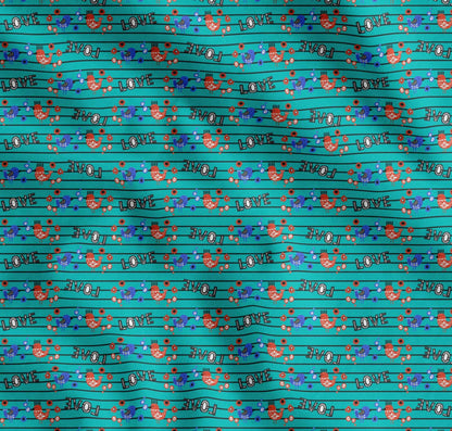 Soimoi Green Cotton Fabric Stripe & Love Text Fabric Prints By yard