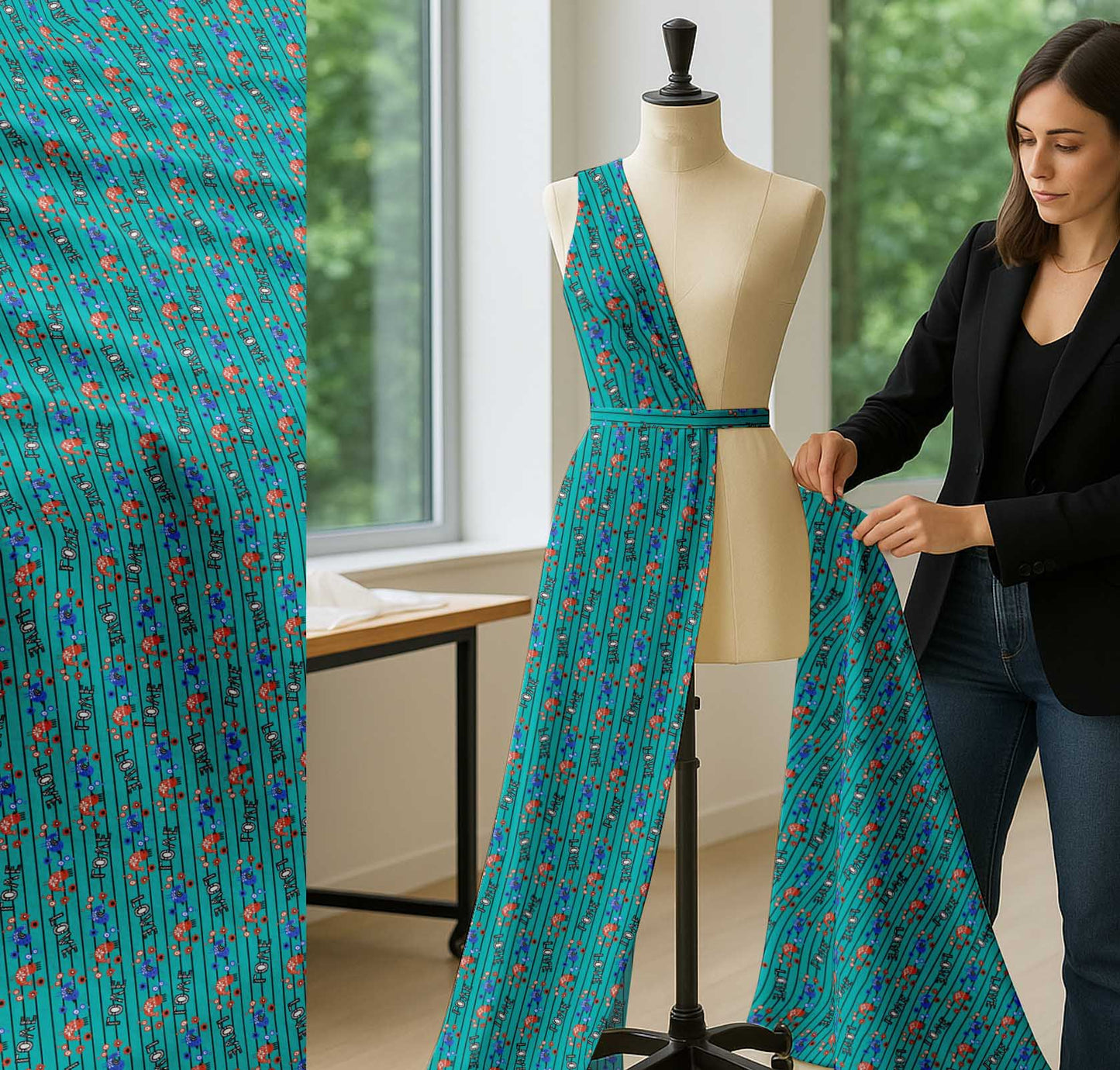 Soimoi Green Cotton Fabric Stripe & Love Text Fabric Prints By yard