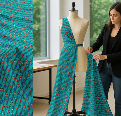 Soimoi Green Cotton Fabric Stripe & Love Text Fabric Prints By yard