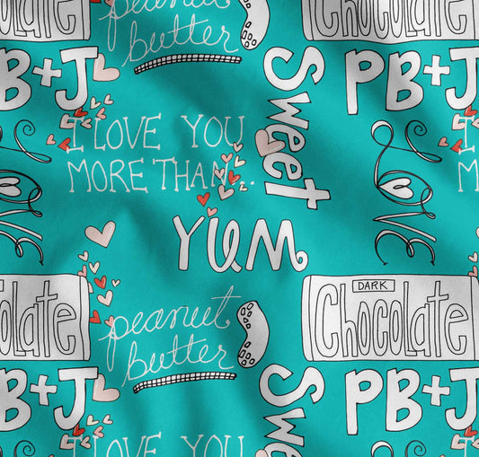 Soimoi Green Cotton Fabric Heart & Love For Chocolate Text Print Sewing Fabric yard
