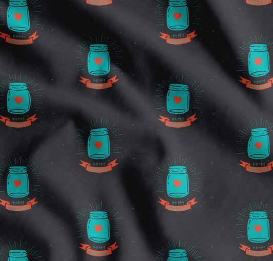 Soimoi Green Cotton Fabric Jar & Happy Valentine Day Text Printed Craft Fabric by the yard