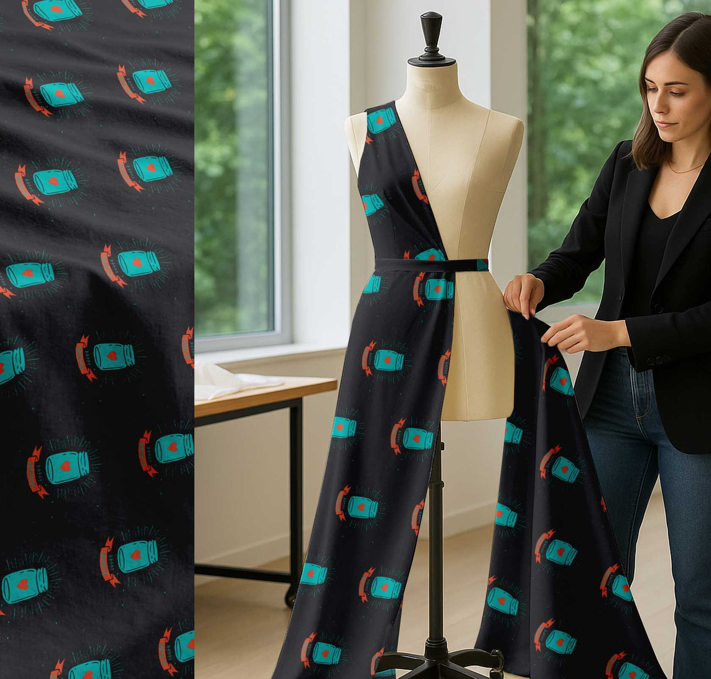 Soimoi Green Cotton Fabric Jar & Happy Valentine Day Text Printed Craft Fabric by the yard