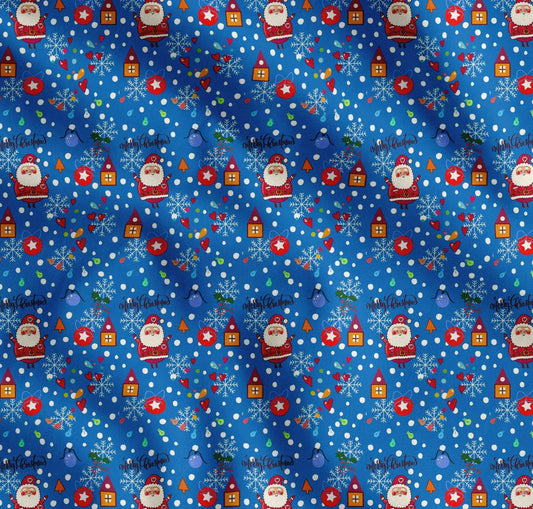 Soimoi Cotton Blue Fabric - by The Yard Heart, Santa & Baubles Christmas Oasis Textile - Romantic and Festive Fusion for Stylish Creations Printed Fabric