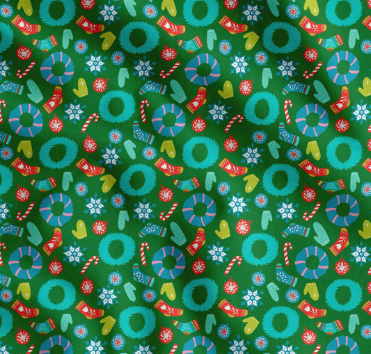 Soimoi Green Cotton Fabric Snowflake & Wreath Christmas Print Sewing Fabric yard