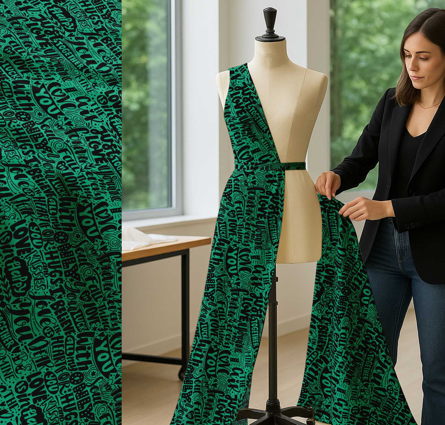 Soimoi Cotton Green Fabric - By the Yard - - Just Love Forever Text Fabric - Romantic and Timeless Patterns for Apparel and Home Decor Printed Fabric