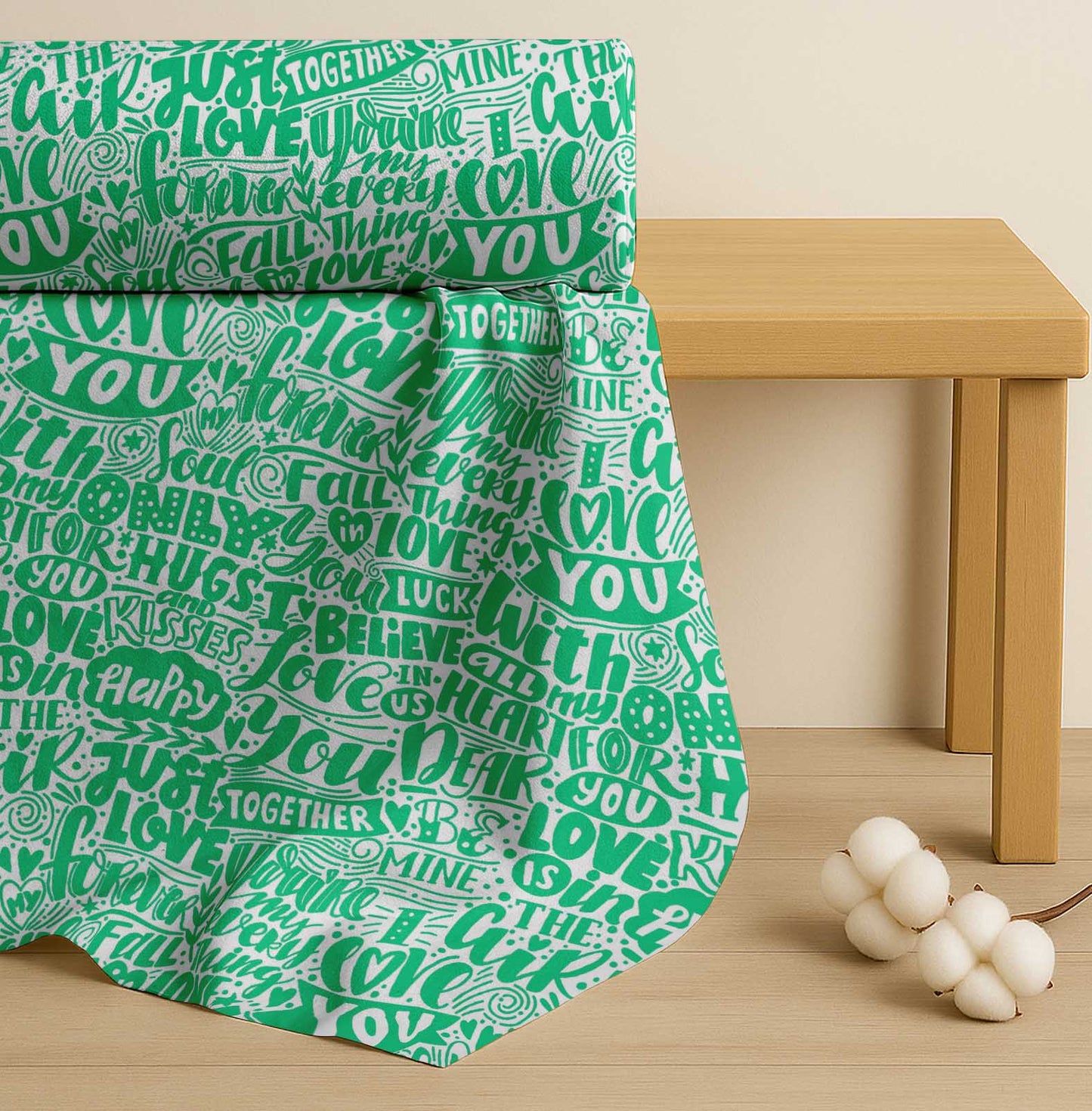 Soimoi Green Cotton Fabric Just Love Forever Text Fabric Prints By metre