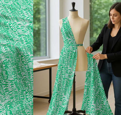 Soimoi Green Cotton Fabric Just Love Forever Text Fabric Prints By metre