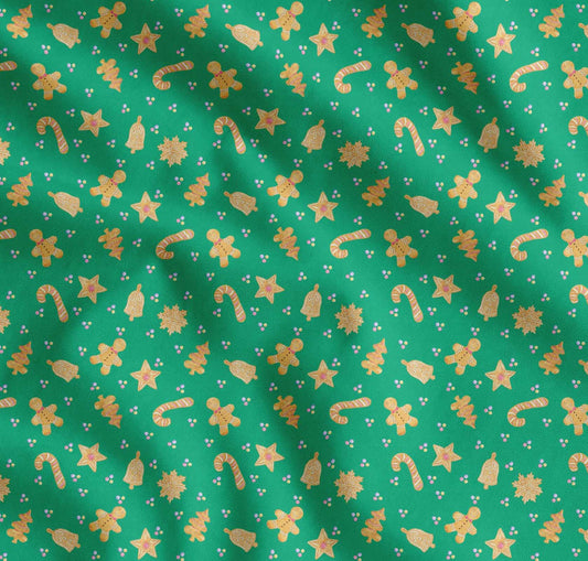 Soimoi Green Cotton Fabric Candy Stick,Star & Bell Christmas Printed Craft Fabric by the metre