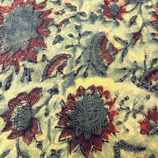 Vegan Pashmina Silk Feel Fabric with Handblocked Prints | Natural Fruit-Dyed Handblock Fabric for Sewing, Crafts & DIY - Light Green