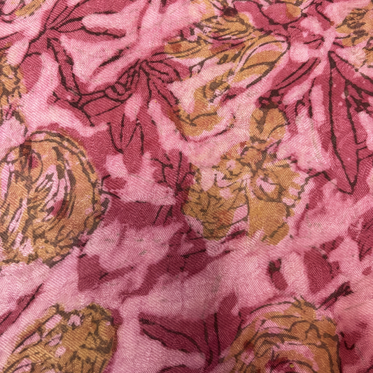 Vegan Pashmina Silk Feel Fabric with Handblocked Prints | Natural Fruit-Dyed Handblock Fabric for Sewing, Crafts & DIY - Pink Flowers