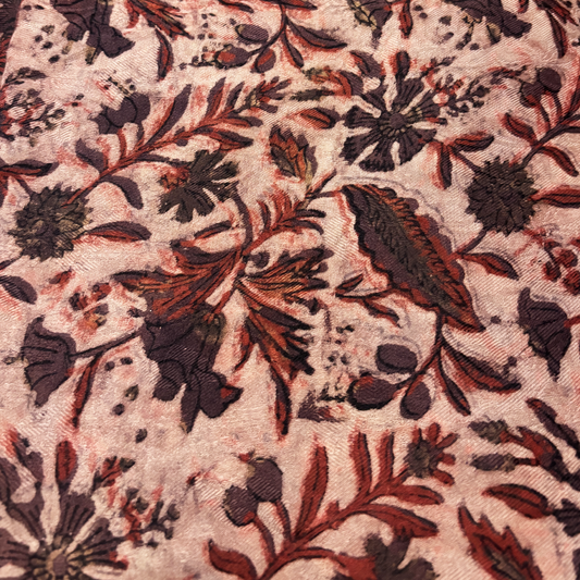 Vegan Pashmina Silk Feel Fabric with Handblocked Prints | Natural Fruit-Dyed Handblock Fabric for Sewing, Crafts & DIY - Red Flowers