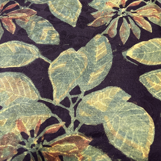 Vegan Pashmina Silk Feel Fabric with Handblocked Prints | Natural Fruit-Dyed Handblock Fabric for Sewing, Crafts & DIY - Green Leaves