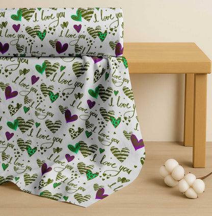 Soimoi Cotton Green Fabric - by The Yard - Heart & I Love You Text Textile - Romantic and Whimsical Designs for Stylish Creations Printed Fabric