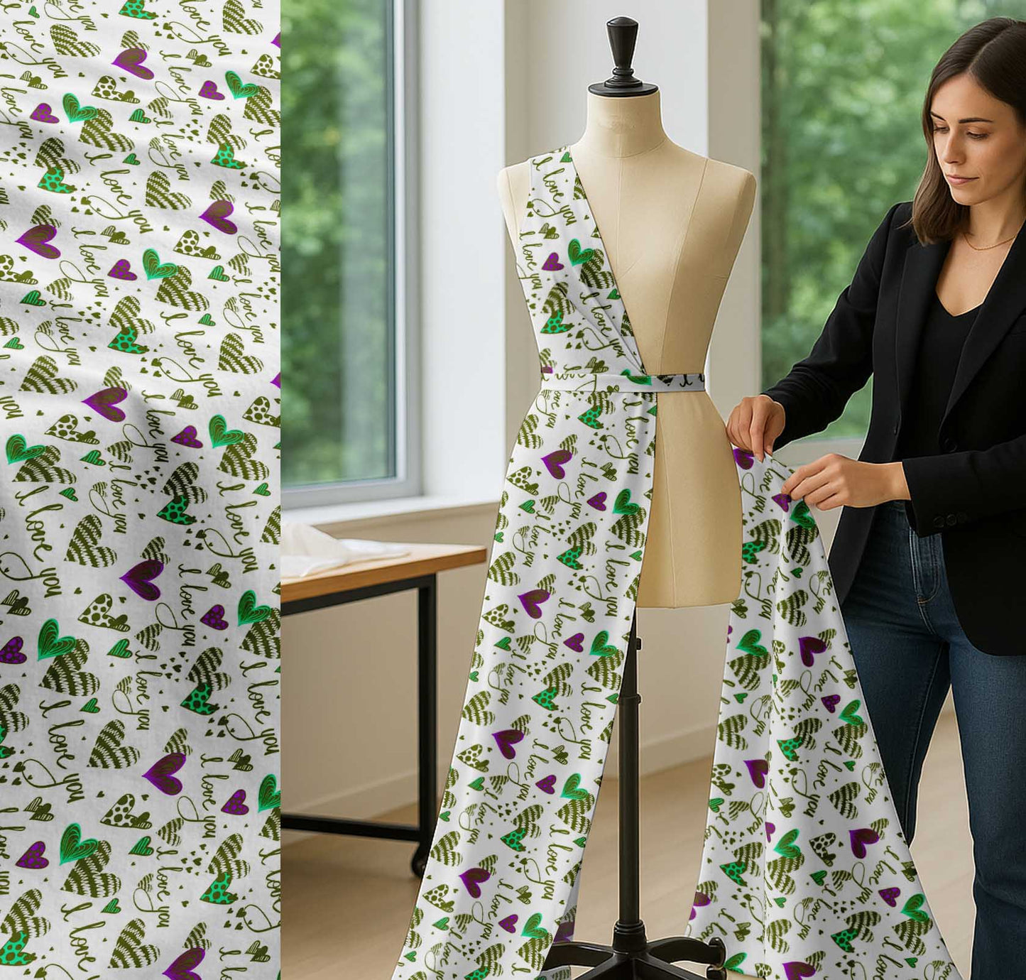 Soimoi Cotton Green Fabric - by The Yard - Heart & I Love You Text Textile - Romantic and Whimsical Designs for Stylish Creations Printed Fabric