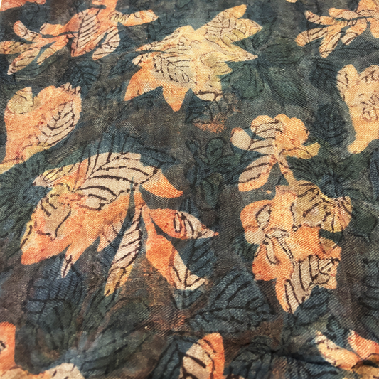 Vegan Pashmina Silk Feel Fabric with Handblocked Prints | Natural Fruit-Dyed Handblock Fabric for Sewing, Crafts & DIY - Autumn Leaves