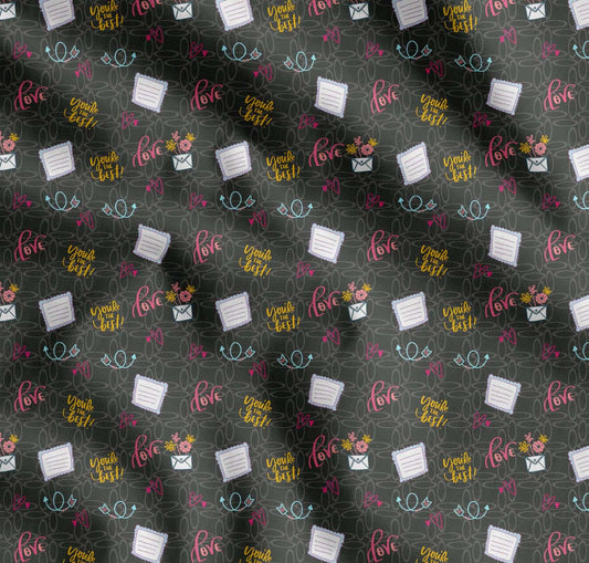 Soimoi Gray Cotton Fabric Heart & Love Text Print Fabric by The Yard