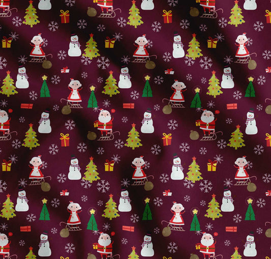 Soimoi Cotton Purple Fabric - by The Yard - Snowman, Santa & Tree Christmas Wonderland Cloth - Jolly and Charming Patterns for Festive Home Goods Printed Fabric