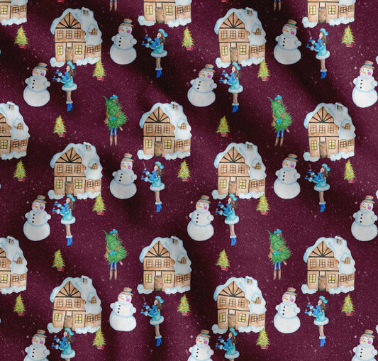 Soimoi Purple Cotton Fabric Snowman,House & Tree Christmas Printed Fabric 1 yard