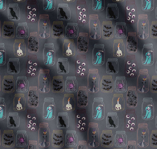 Soimoi Cotton Gray Fabric - by The Yard Ghost, Skull & Witch Halloween Fabric - Mysterious and Witchy Designs for Halloween-Themed Creations Printed Fabric