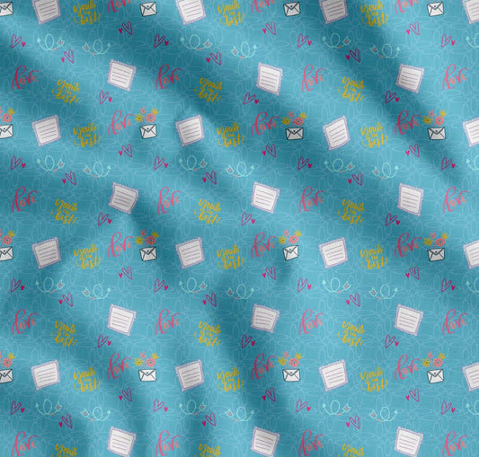 Soimoi Blue Cotton Fabric Heart & Love Text Printed Craft Fabric by the yard