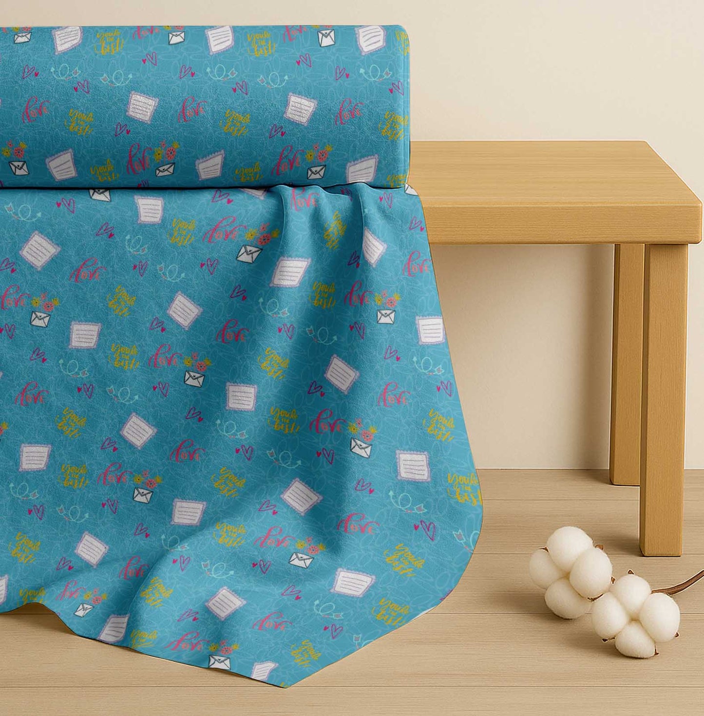 Soimoi Blue Cotton Fabric Heart & Love Text Printed Craft Fabric by the yard