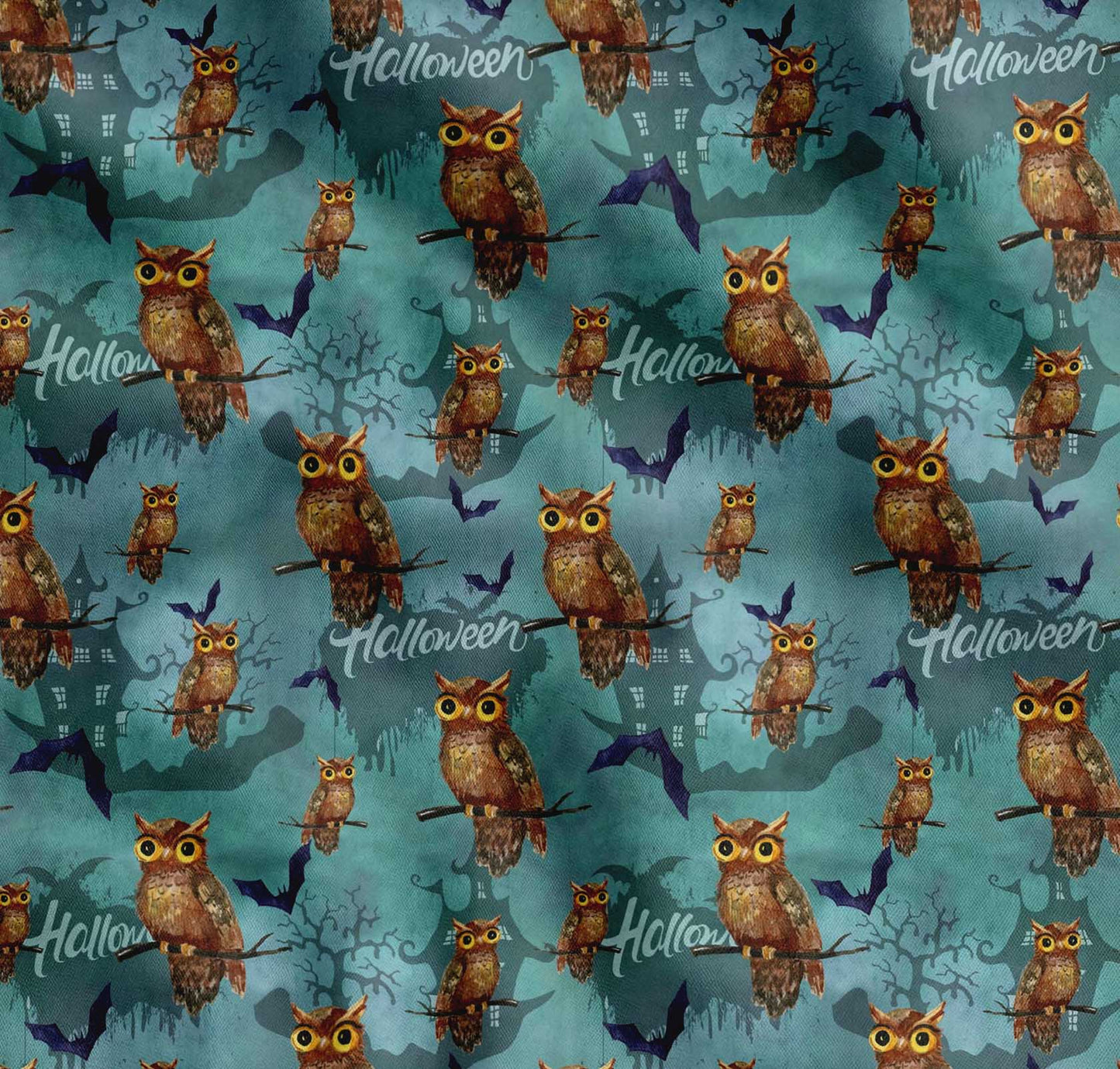 Soimoi Cotton Blue Fabric - by The Yard Owl, Bat & Haunted House Halloween Fabric - Whimsical and Spooky Designs for Halloween Decor Printed Fabric