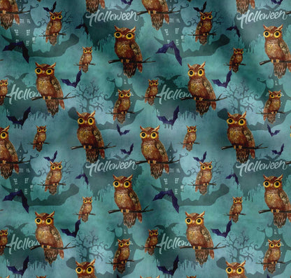 Soimoi Cotton Blue Fabric - by The Yard Owl, Bat & Haunted House Halloween Fabric - Whimsical and Spooky Designs for Halloween Decor Printed Fabric