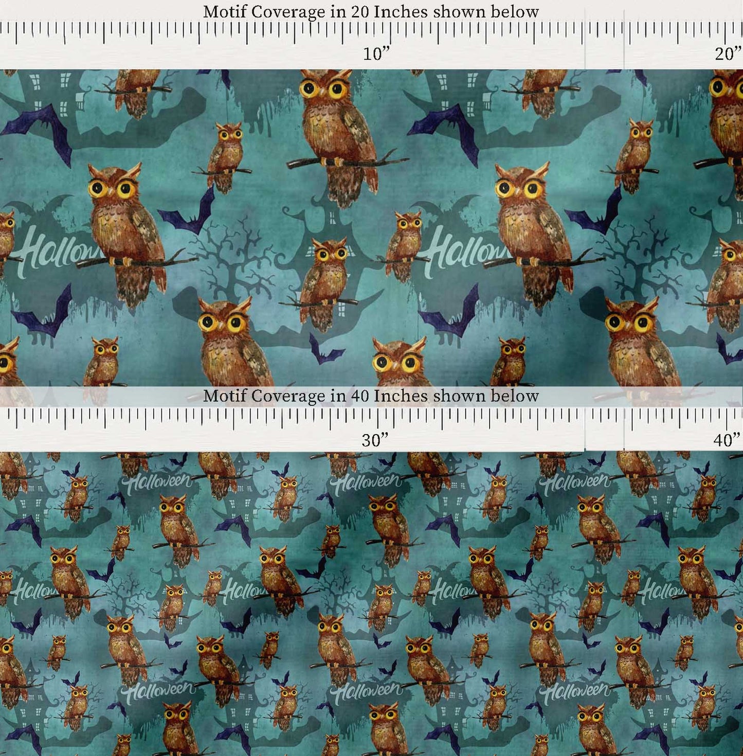 Soimoi Cotton Blue Fabric - by The Yard Owl, Bat & Haunted House Halloween Fabric - Whimsical and Spooky Designs for Halloween Decor Printed Fabric