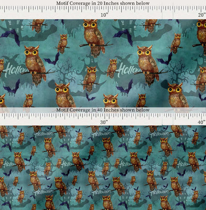 Soimoi Cotton Blue Fabric - by The Yard Owl, Bat & Haunted House Halloween Fabric - Whimsical and Spooky Designs for Halloween Decor Printed Fabric
