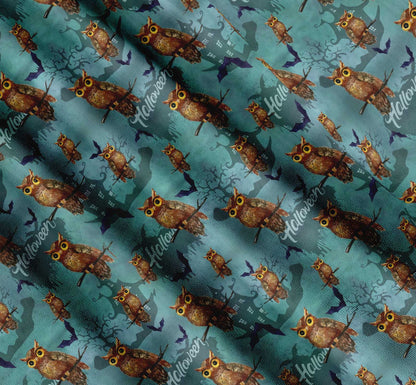 Soimoi Cotton Blue Fabric - by The Yard Owl, Bat & Haunted House Halloween Fabric - Whimsical and Spooky Designs for Halloween Decor Printed Fabric