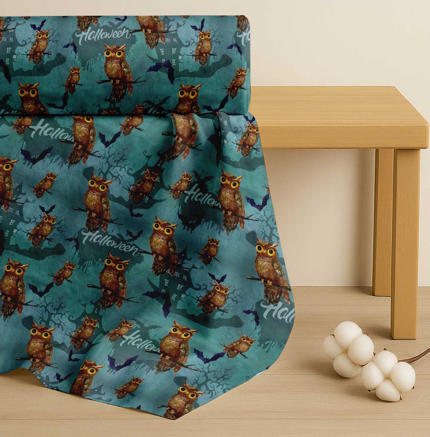 Soimoi Cotton Blue Fabric - by The Yard Owl, Bat & Haunted House Halloween Fabric - Whimsical and Spooky Designs for Halloween Decor Printed Fabric