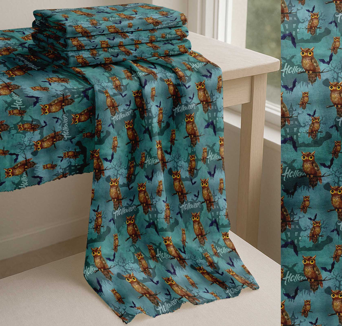 Soimoi Cotton Blue Fabric - by The Yard Owl, Bat & Haunted House Halloween Fabric - Whimsical and Spooky Designs for Halloween Decor Printed Fabric