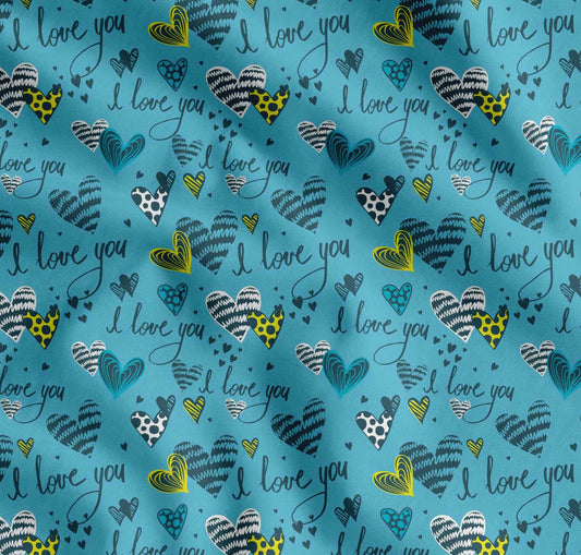 Soimoi Cotton Blue Fabric - by The Yard Heart & I Love You Text Textile - Romantic and Whimsical Designs for Stylish Creations Printed Fabric