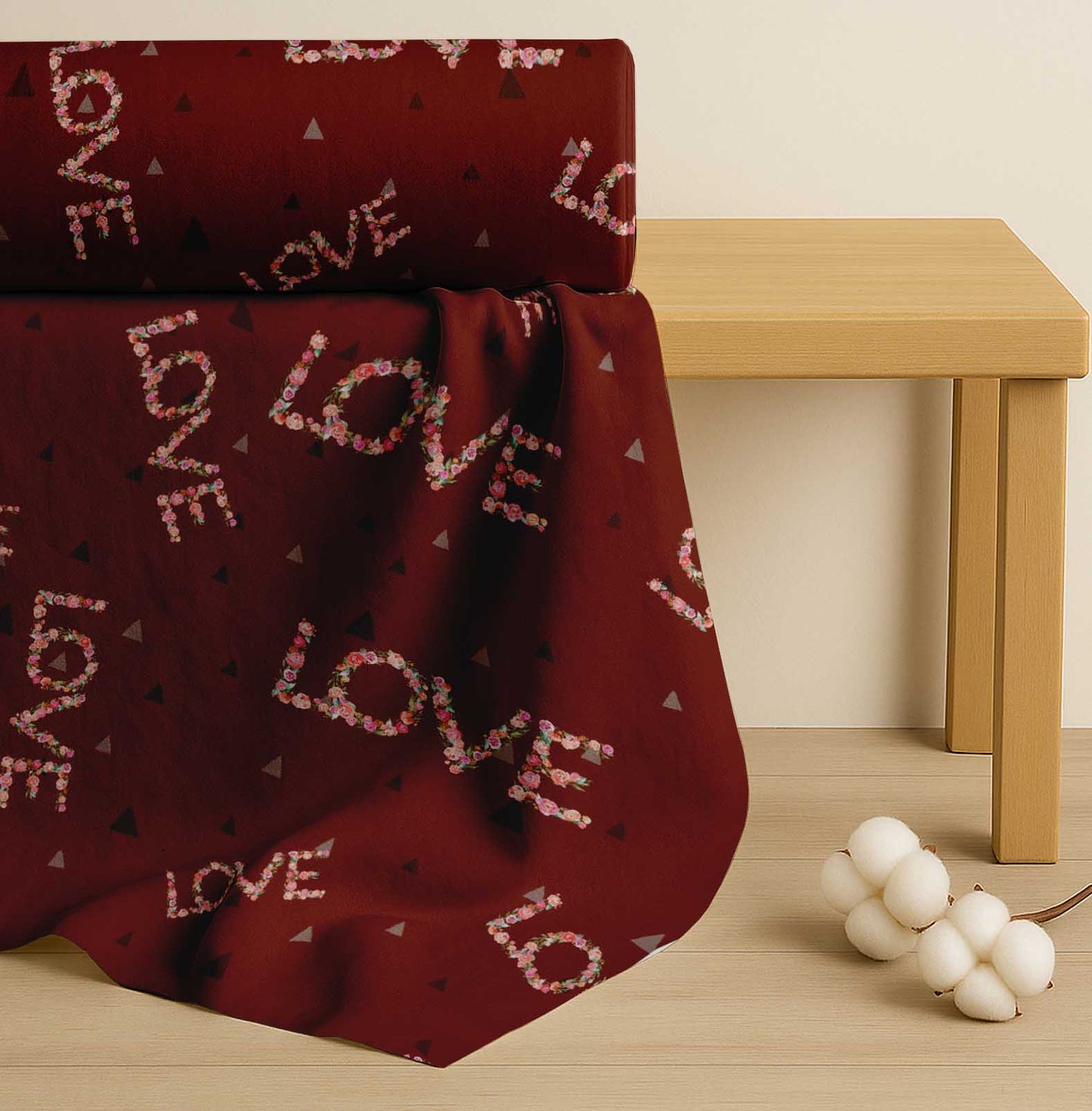 Soimoi Red Cotton Fabric Triangle & Floral Love Text Printed Craft Fabric by the yard