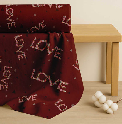 Soimoi Red Cotton Fabric Triangle & Floral Love Text Printed Craft Fabric by the yard