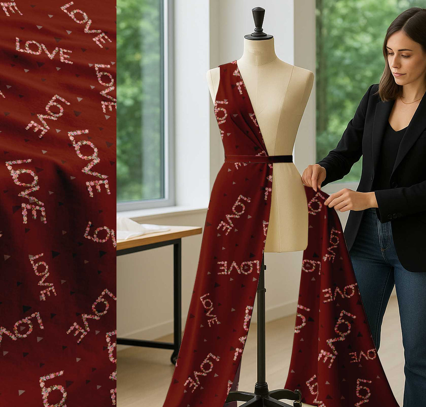 Soimoi Red Cotton Fabric Triangle & Floral Love Text Printed Craft Fabric by the yard