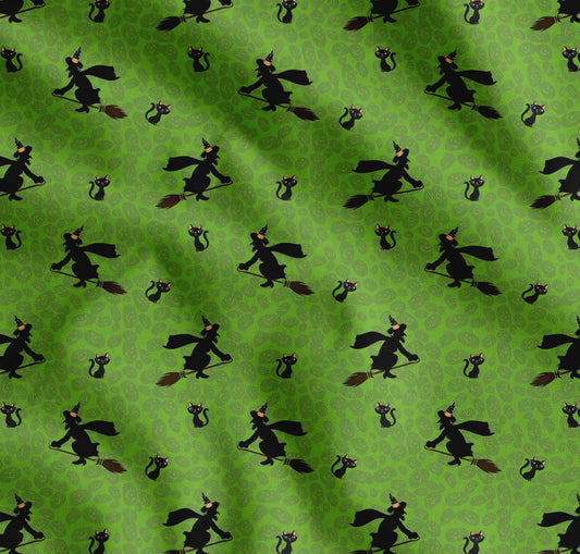 Soimoi Cotton Green Fabric - by The Yard - Pumpkin, Cat & Witch Halloween Print Material - Playful and Whimsical Patterns for Halloween Celebrations Printed Fabric