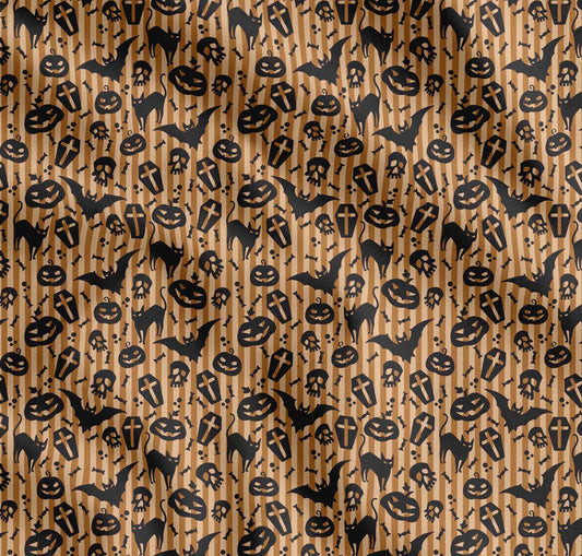 Soimoi Cotton Brown Fabric - by The Yard Stripe, Bat & Skull Halloween Fabric - Modern and Chic Halloween Designs for Fashion and Home Printed Fabric
