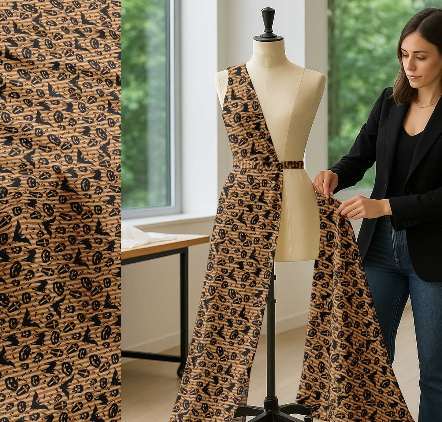 Soimoi Cotton Brown Fabric - by The Yard Stripe, Bat & Skull Halloween Fabric - Modern and Chic Halloween Designs for Fashion and Home Printed Fabric