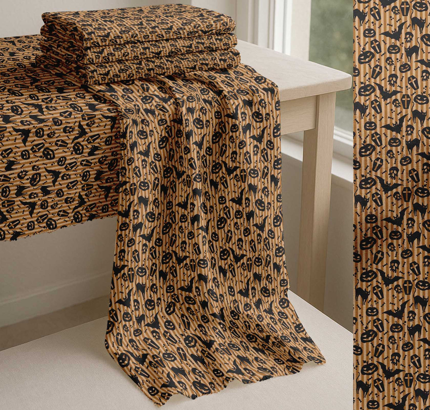 Soimoi Cotton Brown Fabric - by The Yard Stripe, Bat & Skull Halloween Fabric - Modern and Chic Halloween Designs for Fashion and Home Printed Fabric