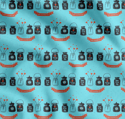 Soimoi Blue Cotton Fabric Jar & Happy Valentine Day Text Fabric Prints By yard