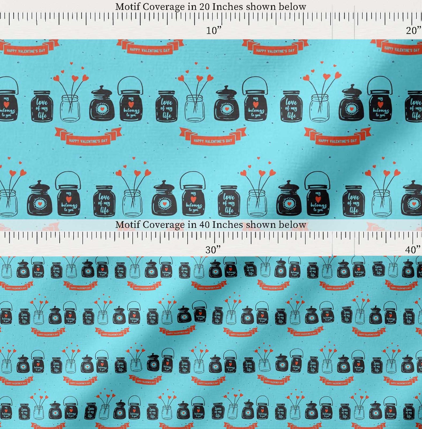 Soimoi Blue Cotton Fabric Jar & Happy Valentine Day Text Fabric Prints By yard