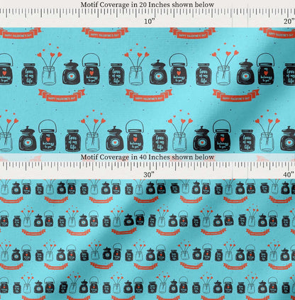 Soimoi Blue Cotton Fabric Jar & Happy Valentine Day Text Fabric Prints By yard