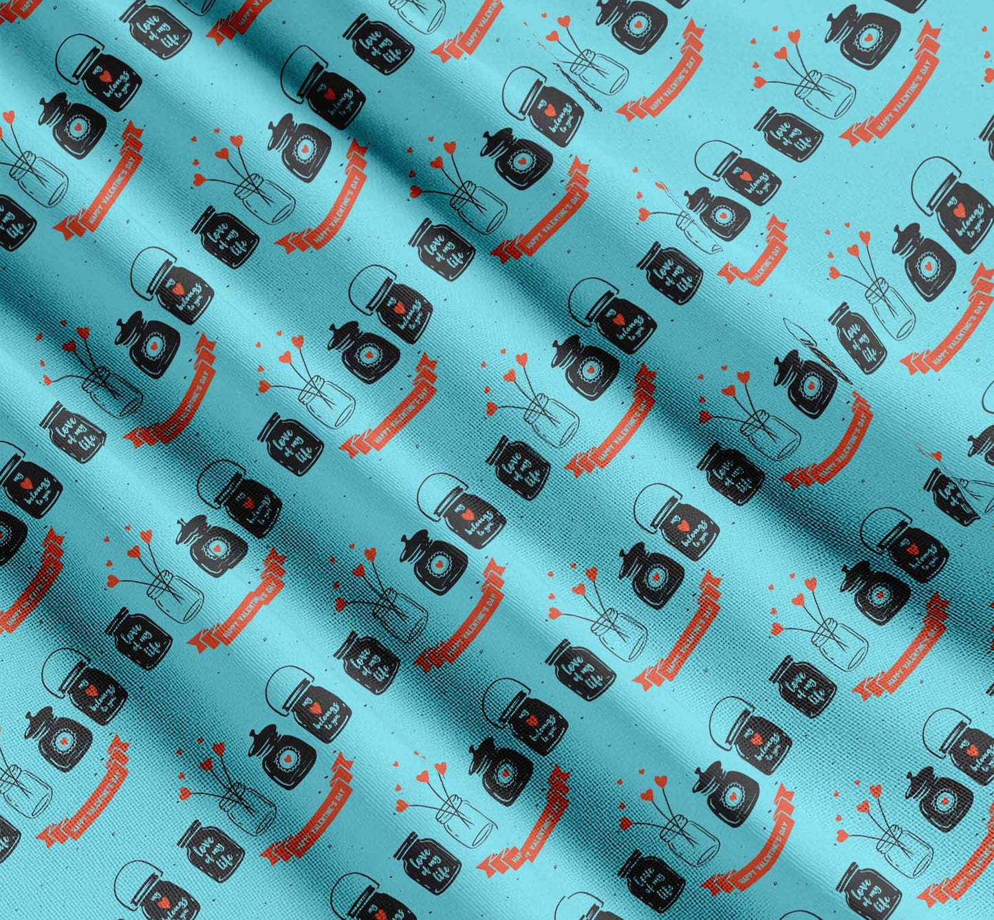 Soimoi Blue Cotton Fabric Jar & Happy Valentine Day Text Fabric Prints By yard