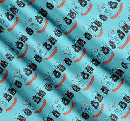 Soimoi Blue Cotton Fabric Jar & Happy Valentine Day Text Fabric Prints By yard