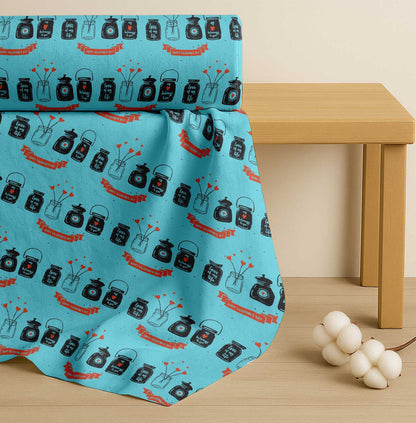 Soimoi Blue Cotton Fabric Jar & Happy Valentine Day Text Fabric Prints By yard