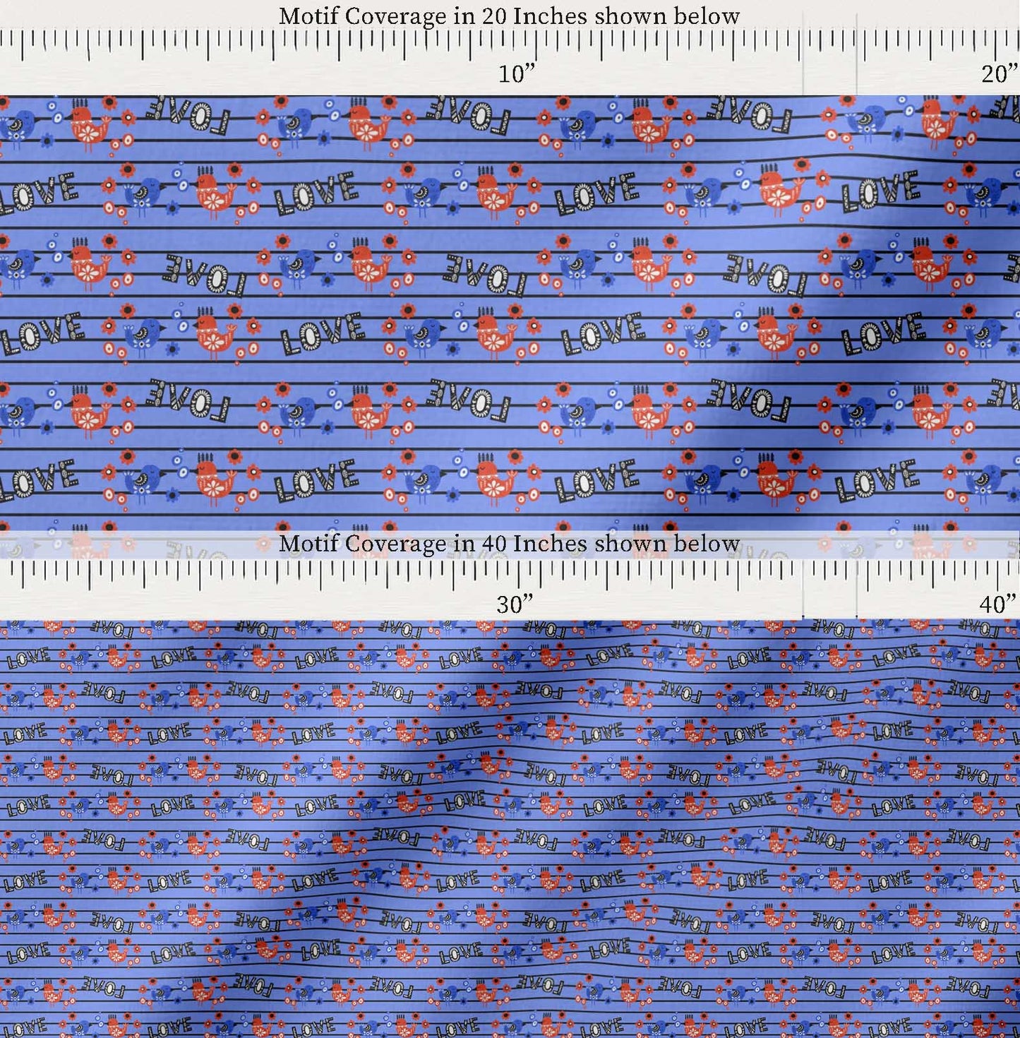 Soimoi Blue Cotton Fabric Stripe & Love Text Print Fabric by the yard