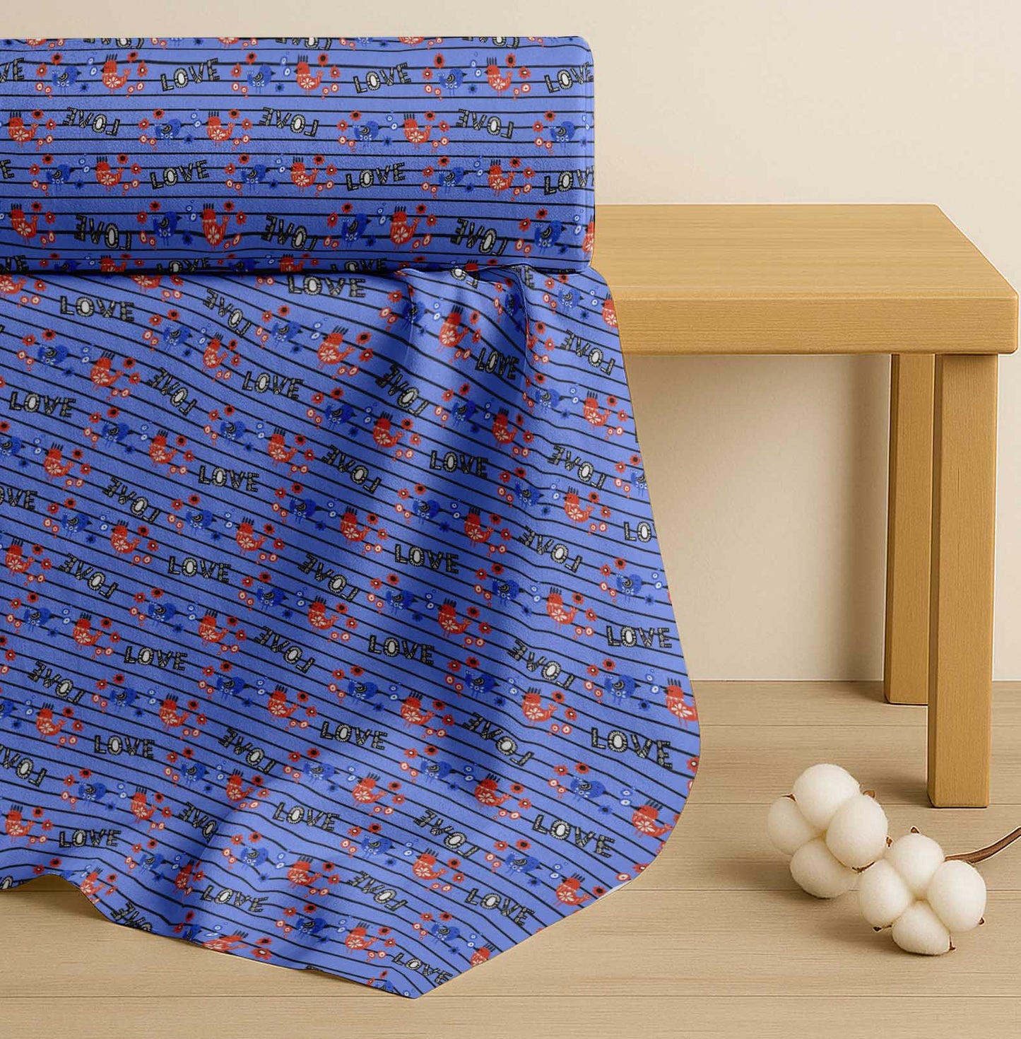 Soimoi Blue Cotton Fabric Stripe & Love Text Print Fabric by the yard