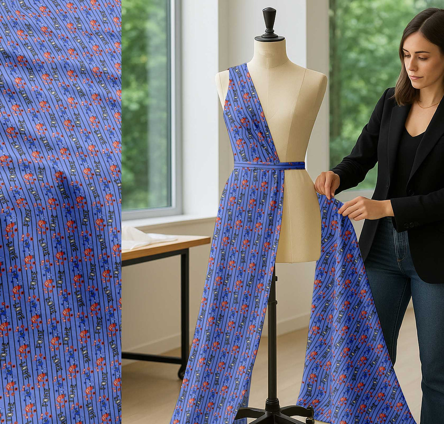 Soimoi Blue Cotton Fabric Stripe & Love Text Print Fabric by the yard